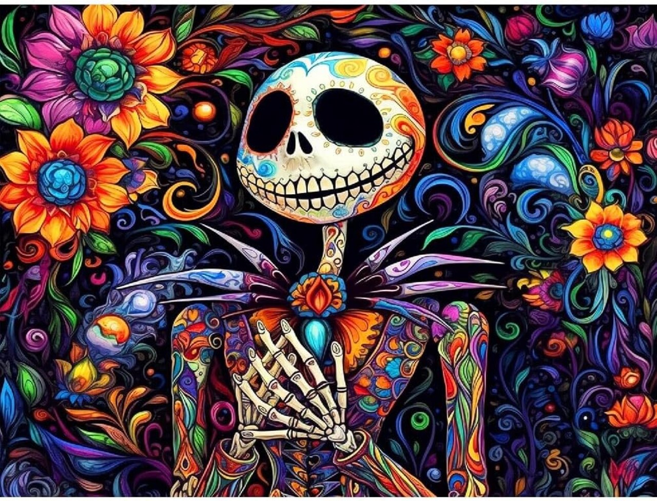 Diamond Painting Kits for Adults - Skeleton DIY 5D Diamond Art Kits Full Drill Halloween Diamond Dots Paintings with Flowers Diamonds Gem Art and Crafts Home Decor 12x16inch